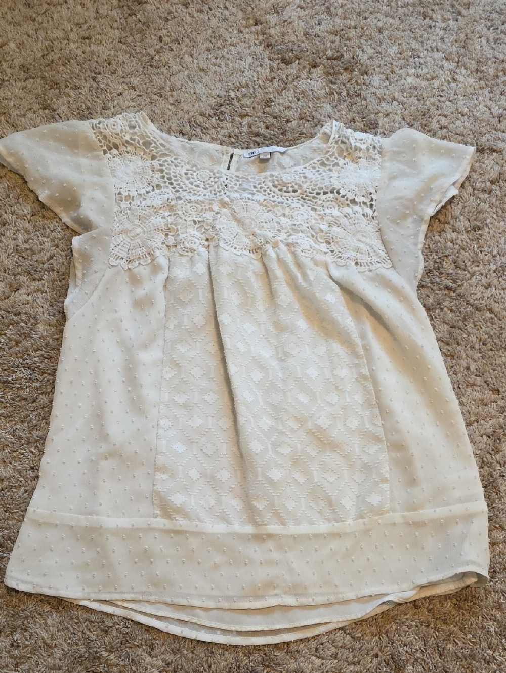 DR2 Cream Lace Yoke Flutter Sleeve Blouse